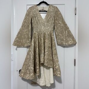 Gold Brocade Fit & Flare‎ Dress with Bell Sleeves and Open Back – Size S/M